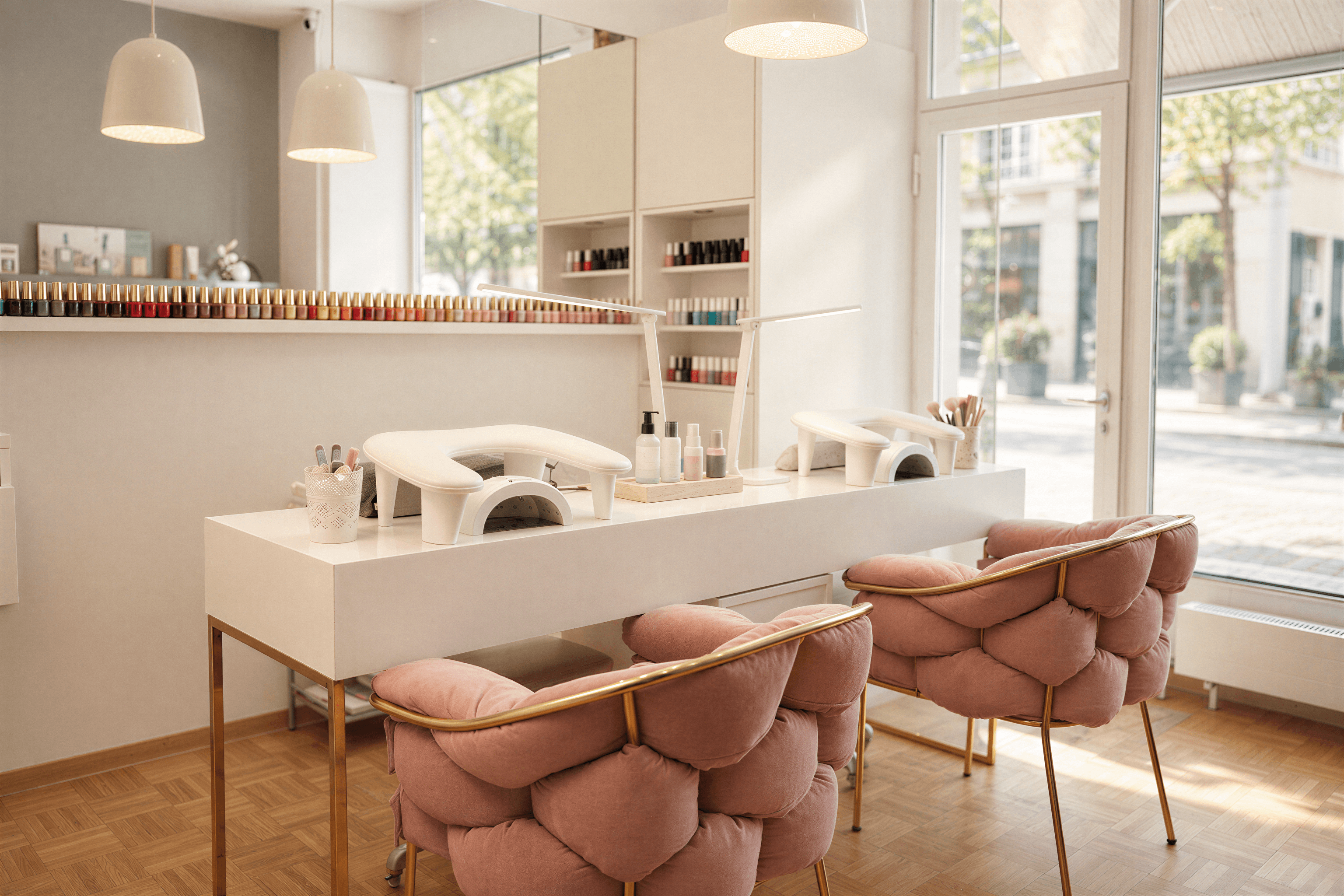 L'intérieur de l'institut Beauty Bar, ouvert sur le boulevard par ses grandes vitrines